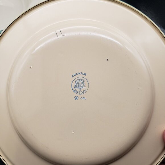 Vintage Kockums Sweden Enamelware Set 3 Bowls & 3 Plates Green Rim Scandinavian - Picture 6 of 15